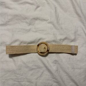Beige Raffia Stretch Belt with Round Acrylic Buckle